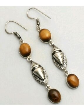 Tiger's Eye Gemstone 925 Sterling Silver Handmade Drop Dangle Earrings